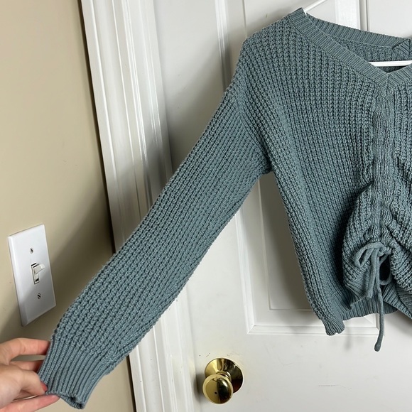 Sincerely Jules Blue Grey Long Sleeve Boho Cottagecore Ruched Front Sweater - Picture 3 of 8
